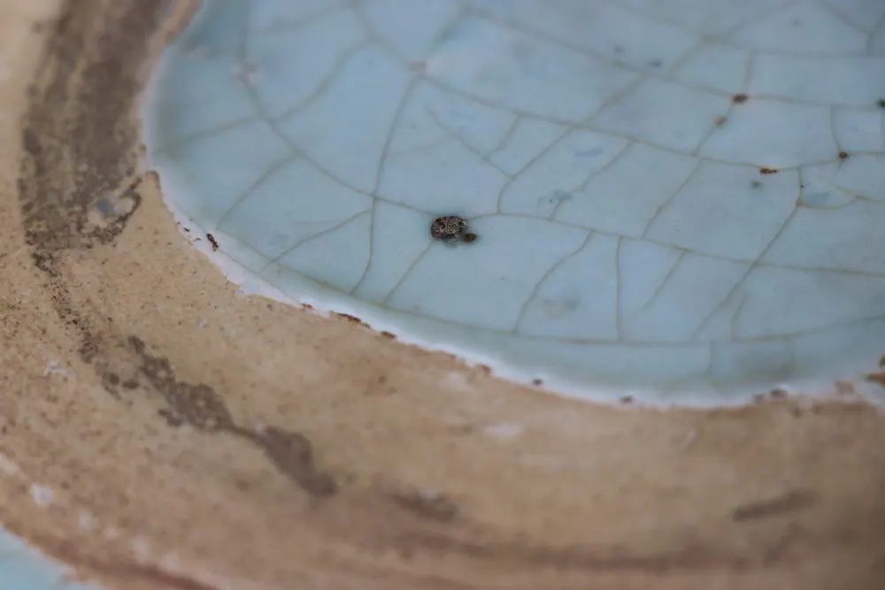Close-up of the interior glaze near the footring showing fine crazing and a dark firing speck