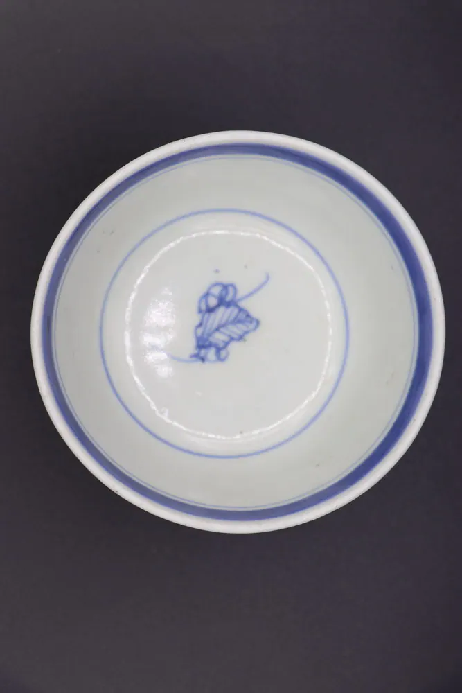 Interior of the bowl from above showing a small blue leaf-shaped mark within concentric rings