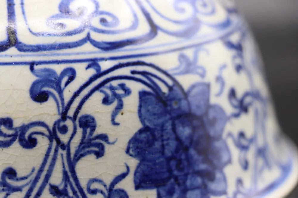 Close-up of a lotus flower medallion within scrolling foliage on the bowl's exterior