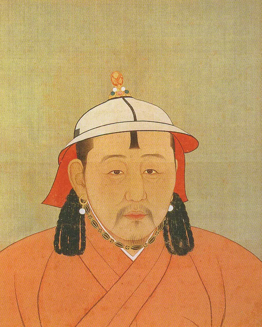 男子画像,头戴白色宽檐帽,帽顶有镶嵌珠宝的顶饰,身穿橙色长袍