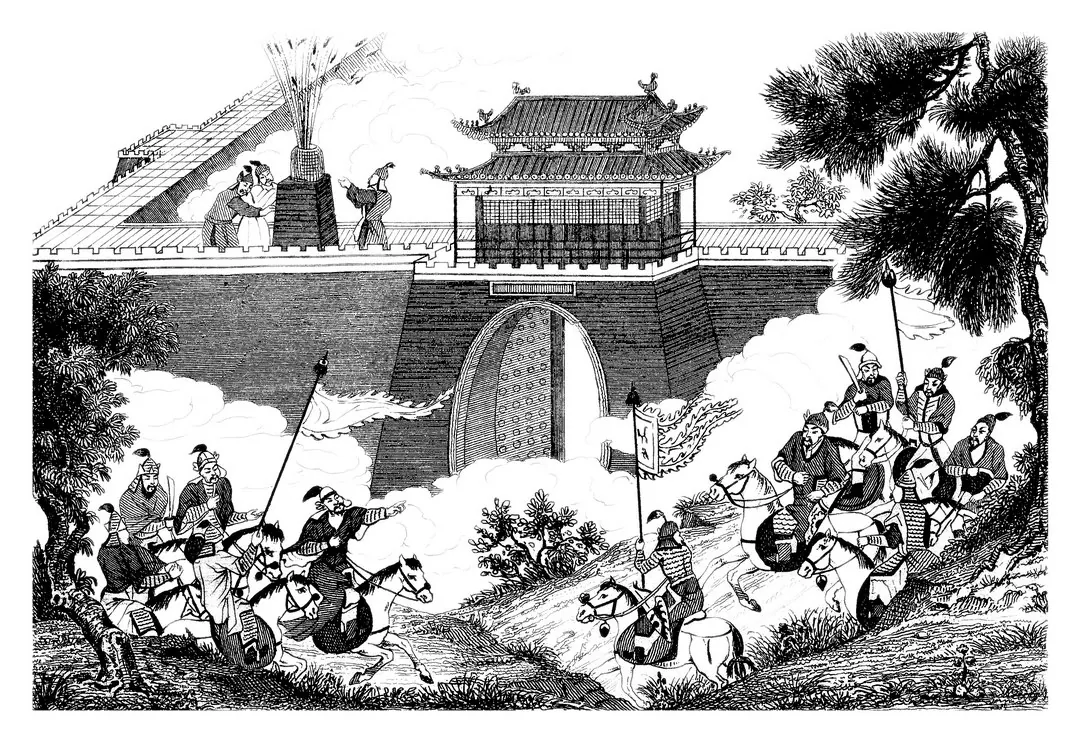 版画,骑马武士驰向城门,城垛上浓烟升起