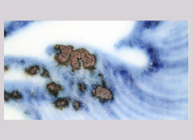 Close-up of blue and white decoration showing dark brown spots where the cobalt pooled