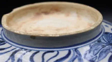 Close-up of an unglazed, orange-tinged base and foot ring above blue and white petal decoration