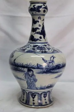 Front view of a blue and white bottle vase with a figure fishing and a woman by the water
