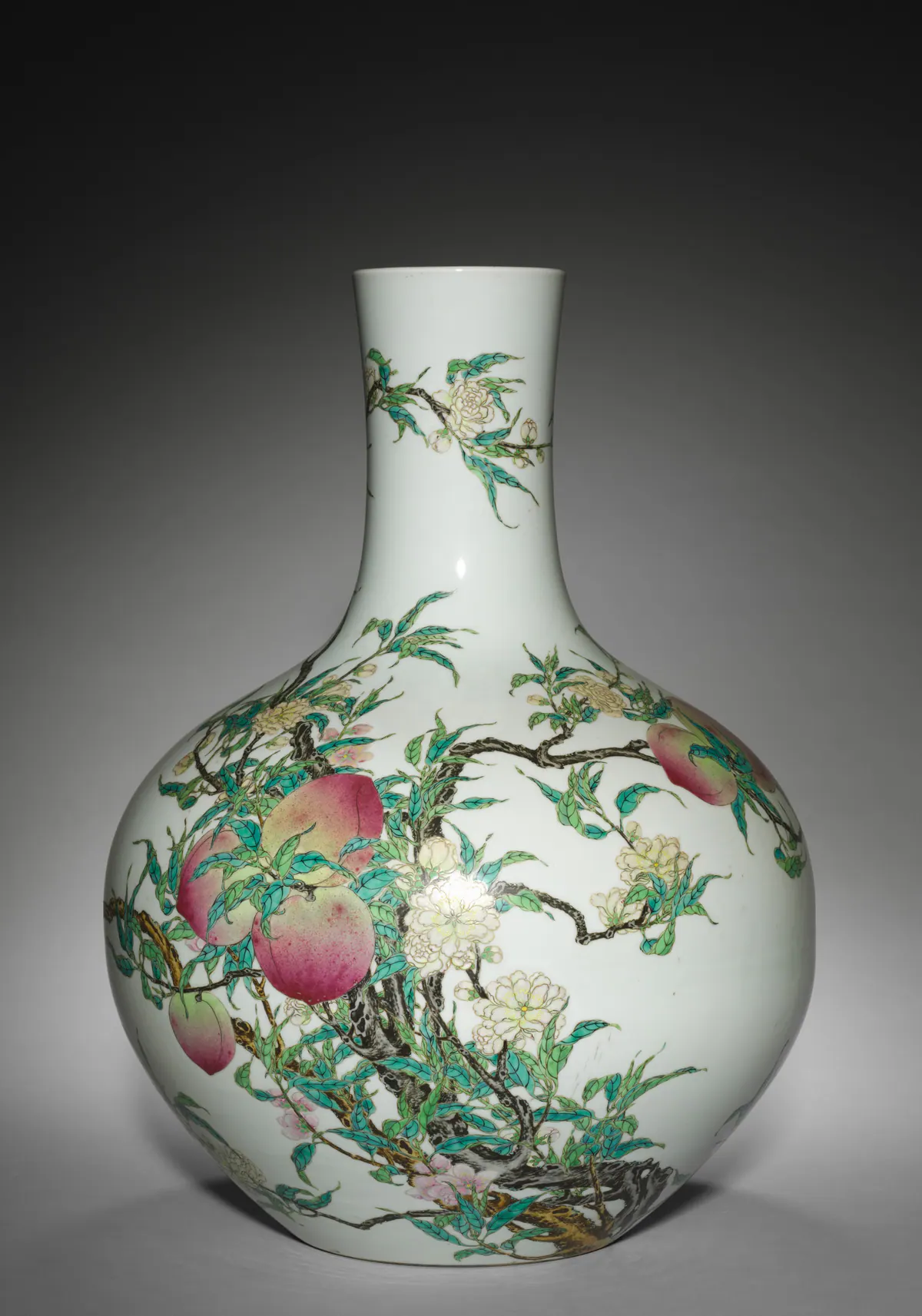 Qianlong globular porcelain vase with a tall neck, painted in famille rose enamels with a flowering and fruiting peach tree, pink peaches and white blossom