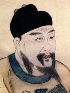 Painted bust portrait of Zhu Yujian, the Longwu Emperor, with a black cap, goatee and yellow robe