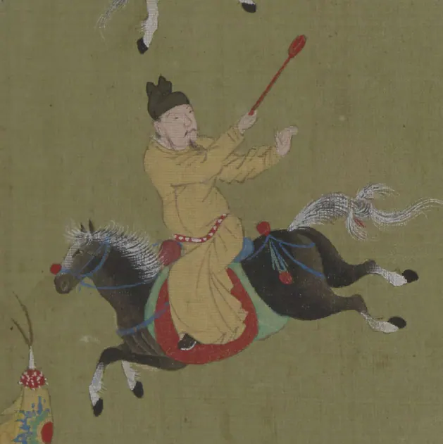 Eighteenth-century album painting of Emperor Jingzong of Tang on horseback swinging a polo mallet